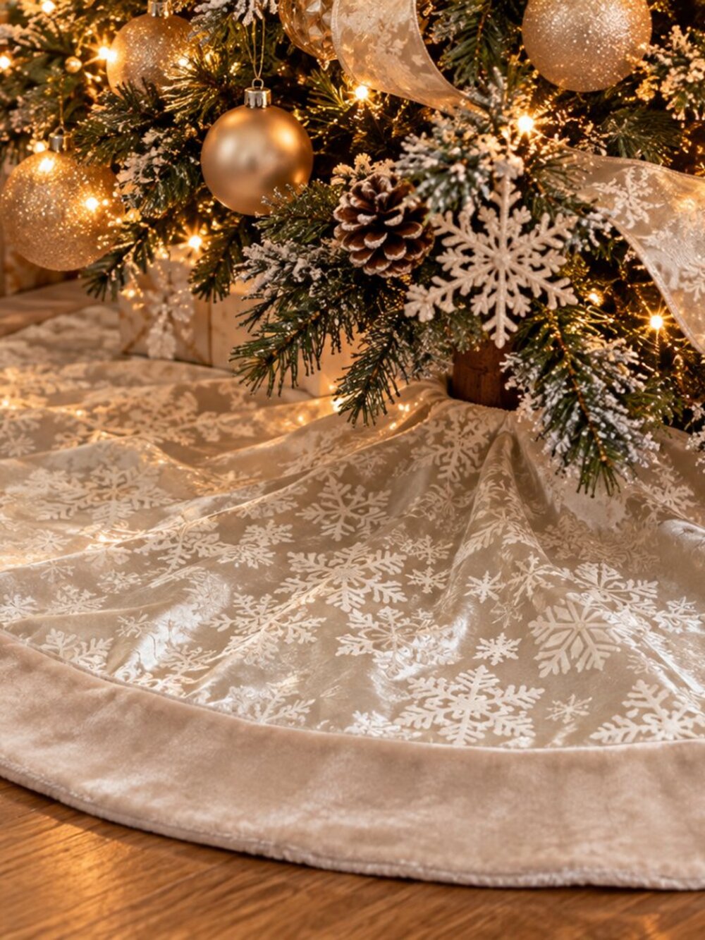 50” Velvet & Flocked Sateen Snowflake Christmas Tree Skirt | Ivory Cream